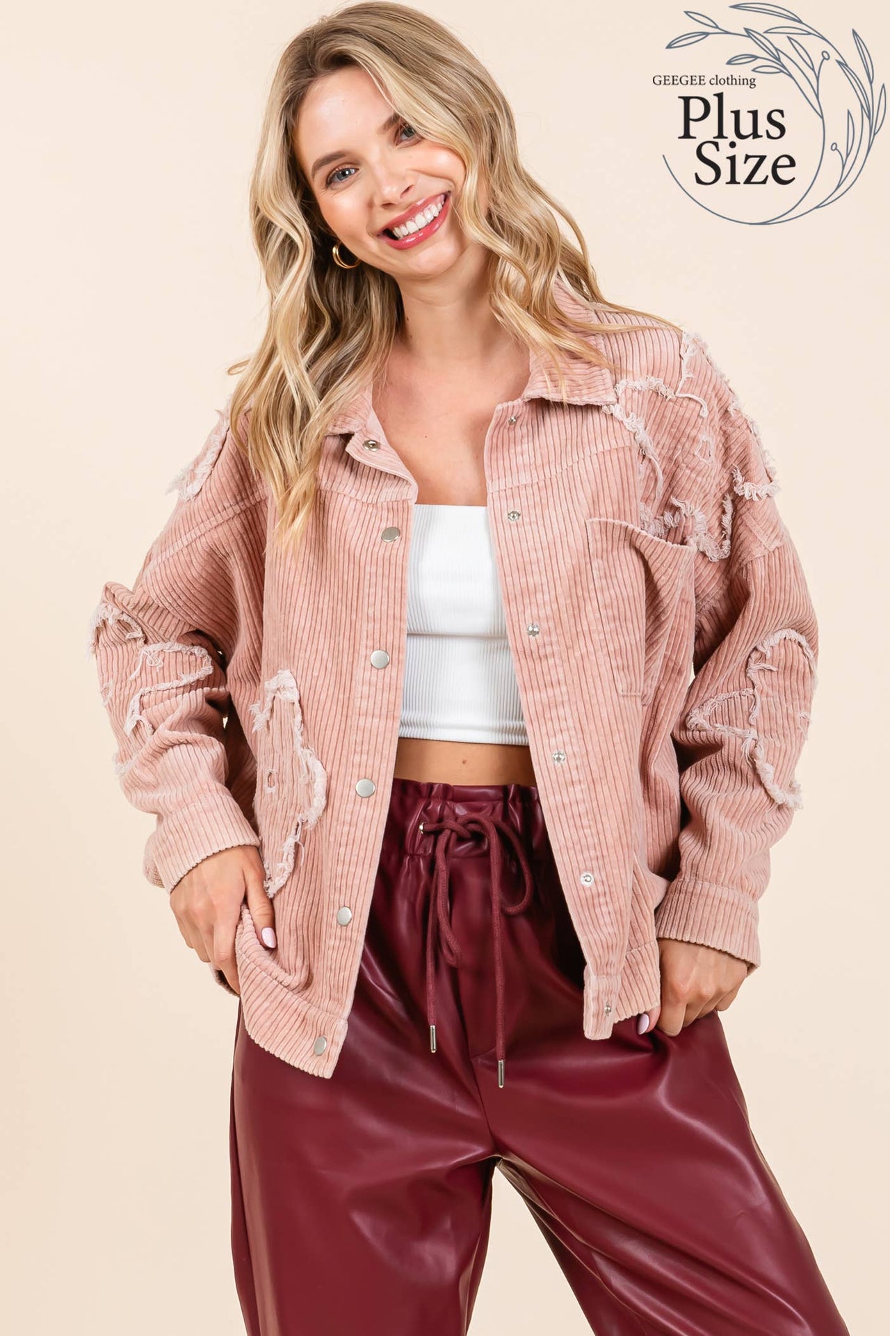 Plus Drop Shoulder Corduroy Shacket Pink Dust