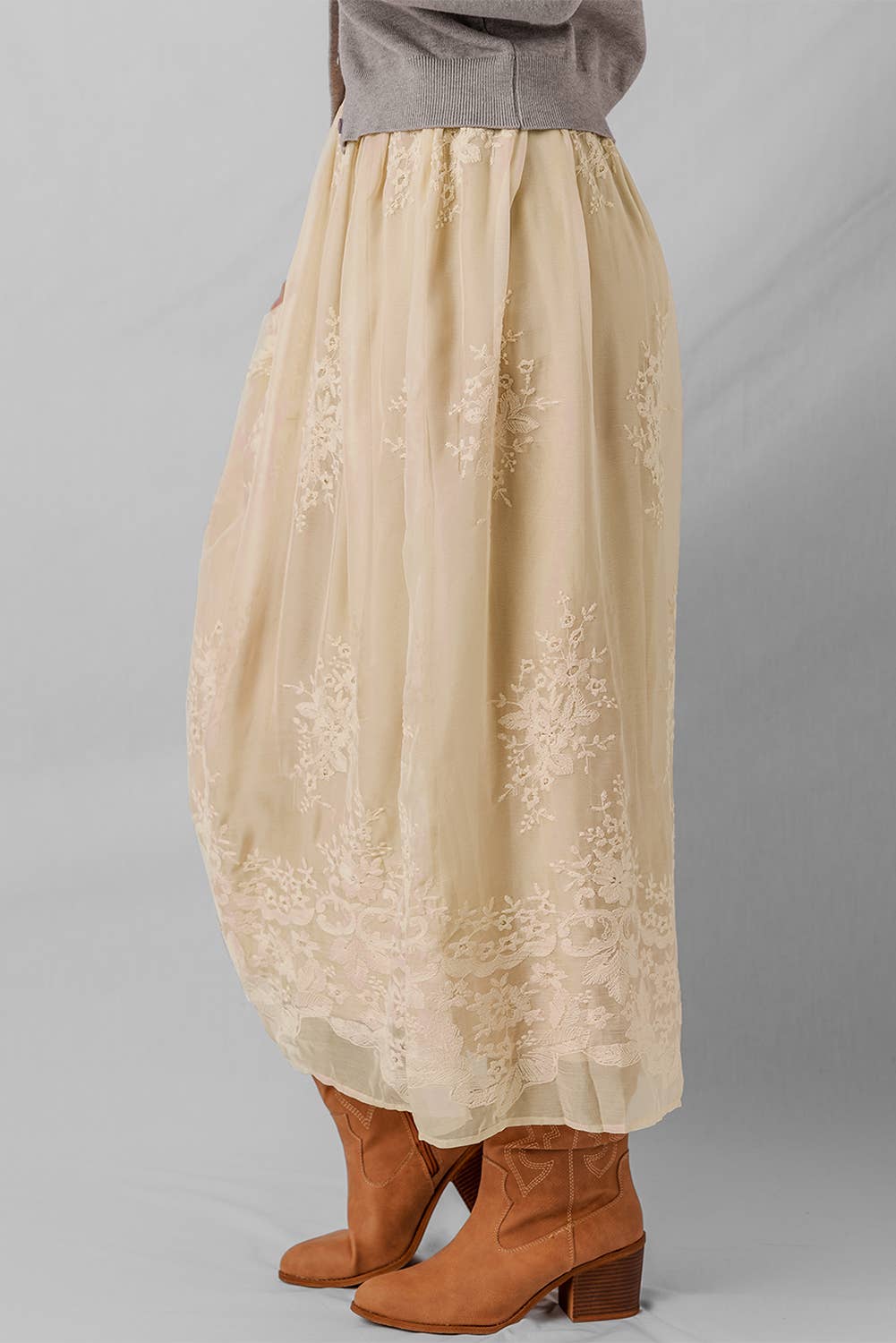 Grace  Embroidered mesh  Maxi Skirt | Layered Lace Detail