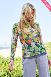 Thumbnail for PLUS FLOWER PRINT MESH ROUND NECK LONG SLEEVE TOP: Green Multi / 1XL