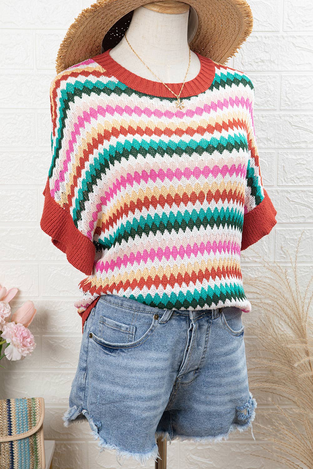 Trimmed Ruffle Sleeve Colorful Textured Sweater