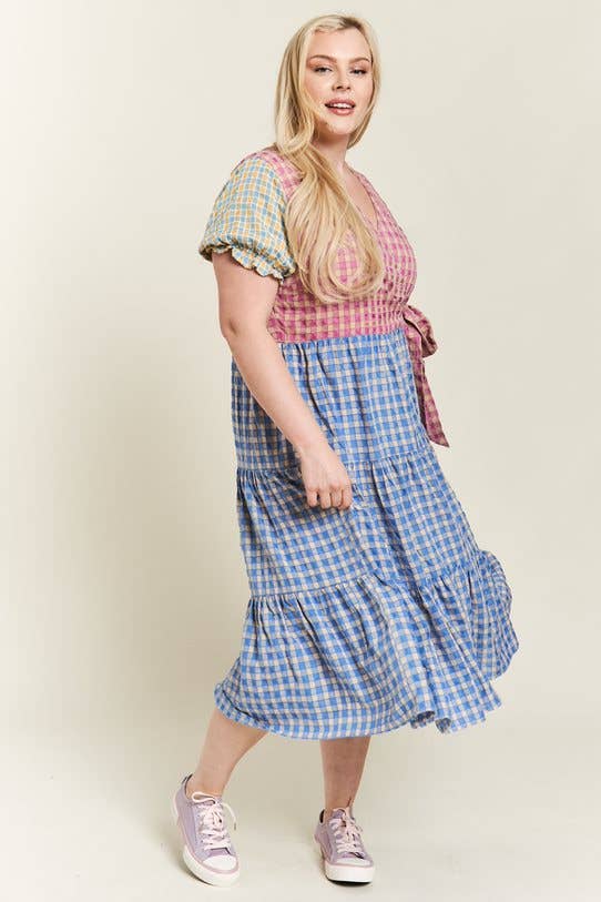 Colorblock Gingham Dress Plus