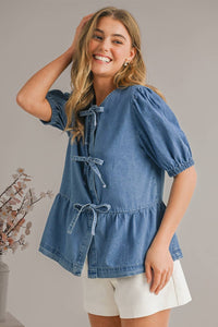 Thumbnail for Puff Sleeve Cute Tied Trim Denim Shirt