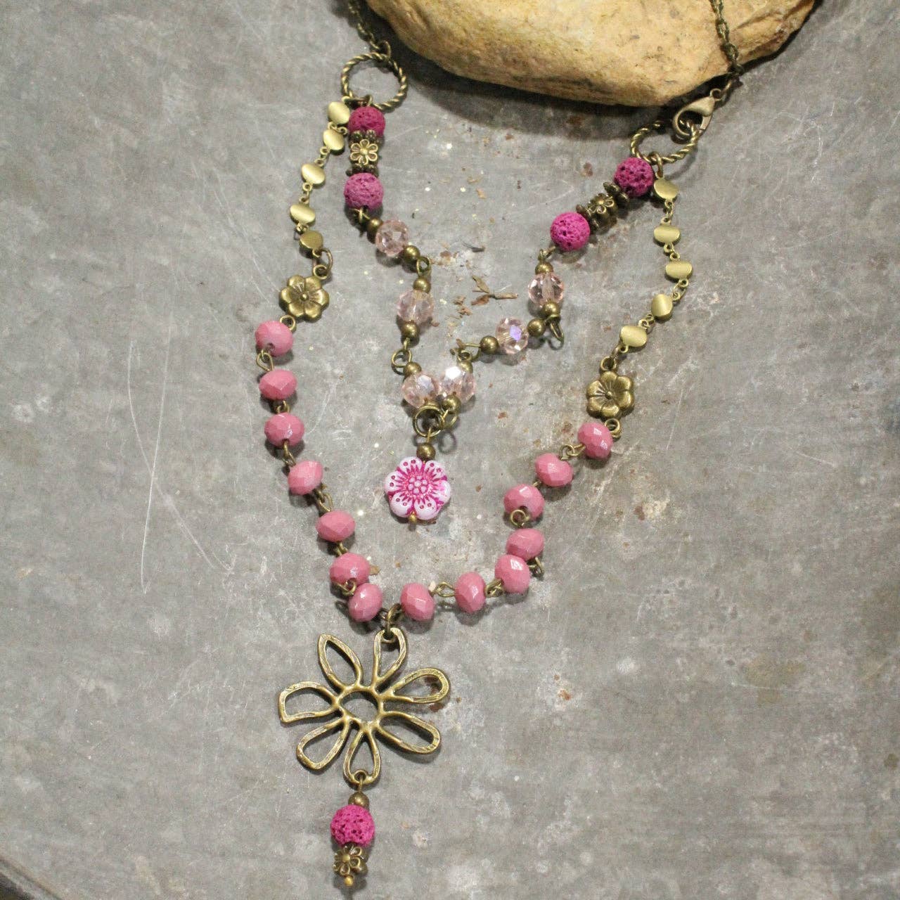 Flower Power Czech Pink Layered Necklace