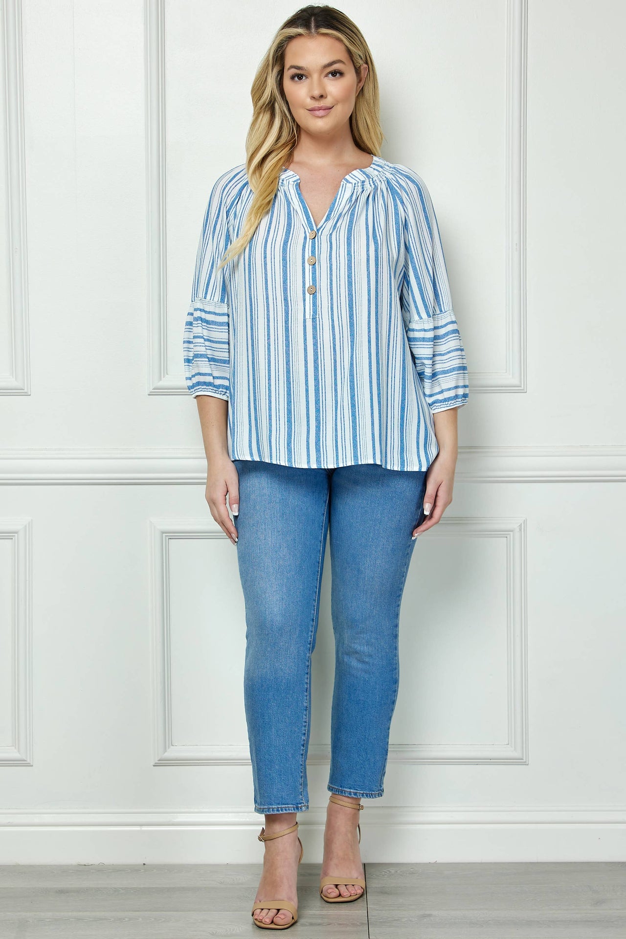 PLUS SIZE MANDARIN COLLAR SMOCKED STRIPE BLOUSE