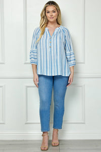Thumbnail for PLUS SIZE MANDARIN COLLAR SMOCKED STRIPE BLOUSE