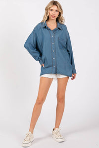 Thumbnail for V-NECK LAPEL COLLAR SHIRT- Denim: DENIM