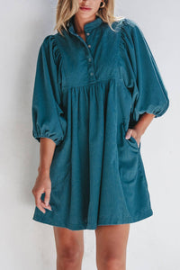 Thumbnail for Corduroy Buttoned High Waist Bracelet Sleeve Dress