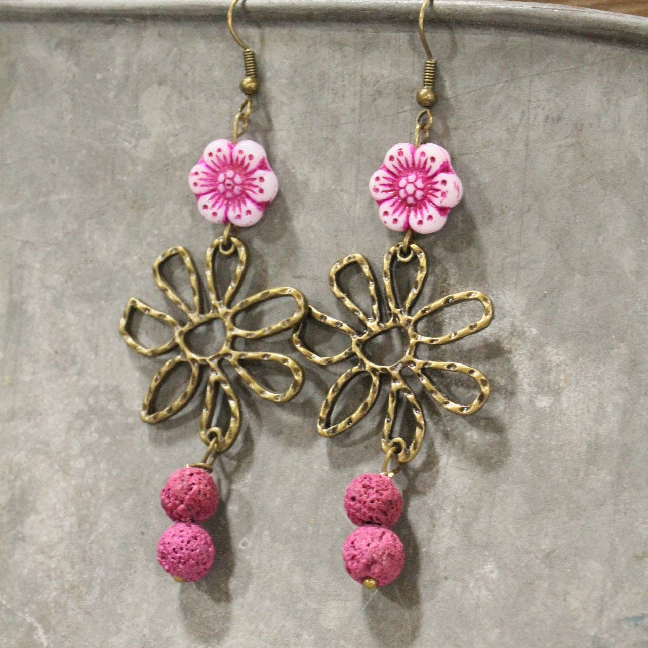 Flower Power Czech Pink Dangle Earrings