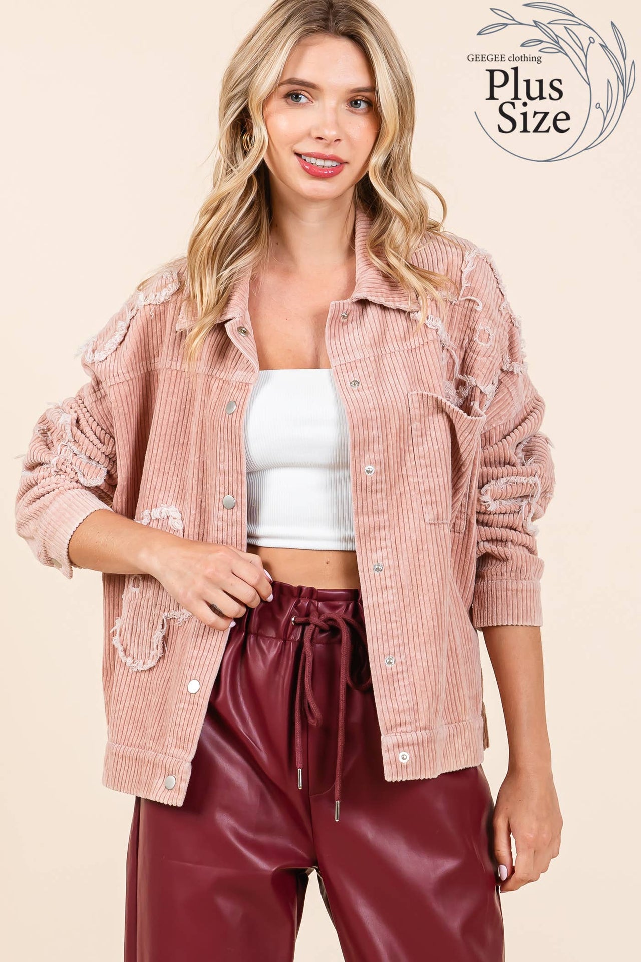 Plus Drop Shoulder Corduroy Shacket Pink Dust