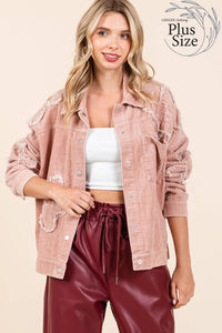 Thumbnail for Plus Drop Shoulder Corduroy Shacket Pink Dust