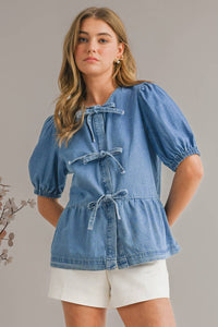Thumbnail for Puff Sleeve Cute Tied Trim Denim Shirt