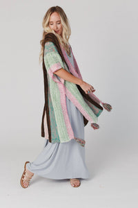 Thumbnail for Wandering Soul Striped Tassel Ruana - Mint: OS - Wrap