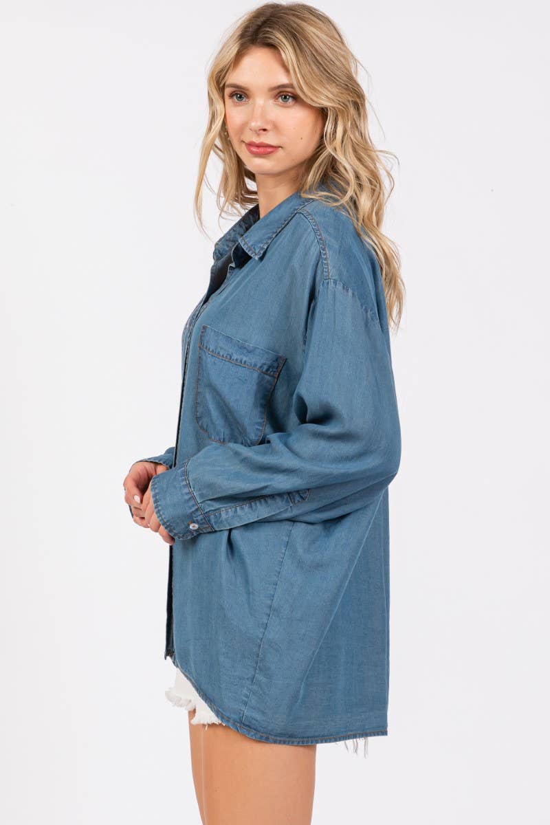 V-NECK LAPEL COLLAR SHIRT- Denim: DENIM