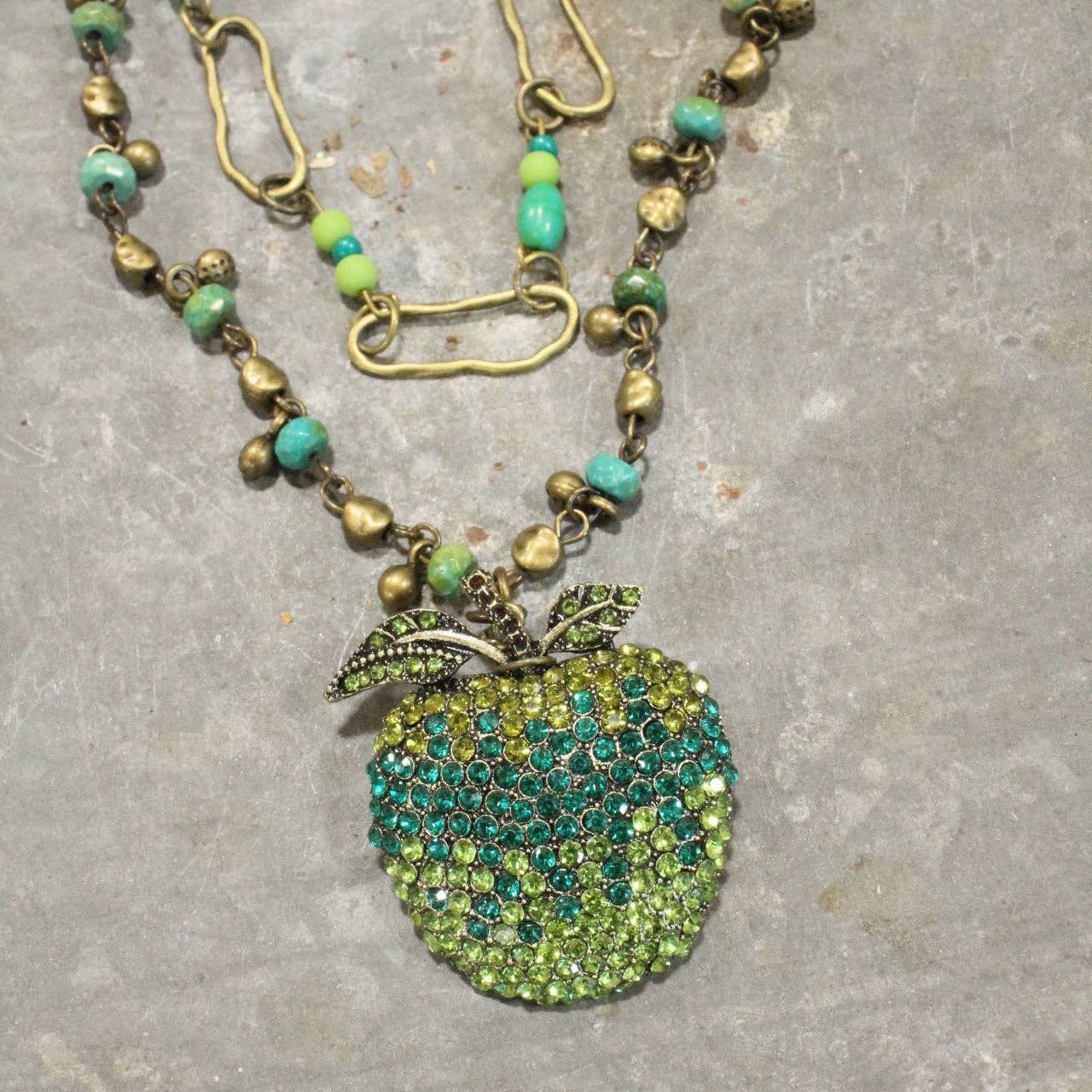 A Green Apple A Day Layered Rhinestone Necklace