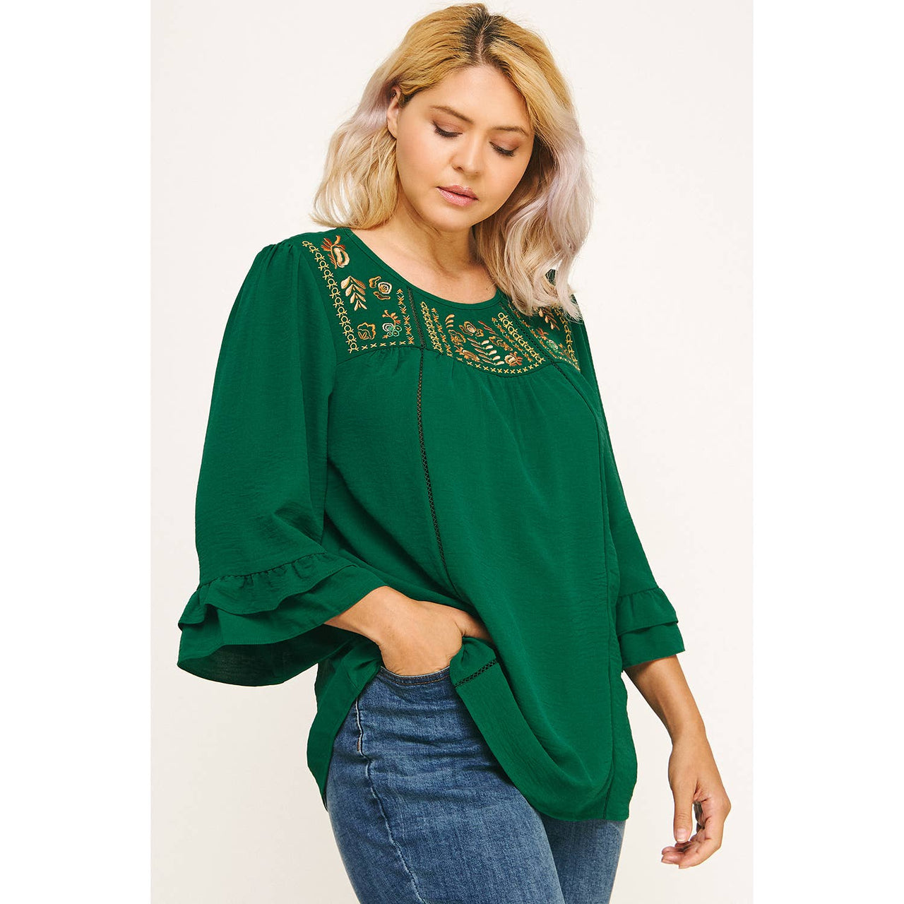 PLUS SIZE EMERALD RUFFLE BLOOM EMBROIDERED BLOUSE
