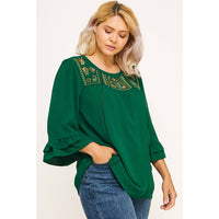 Thumbnail for PLUS SIZE EMERALD RUFFLE BLOOM EMBROIDERED BLOUSE