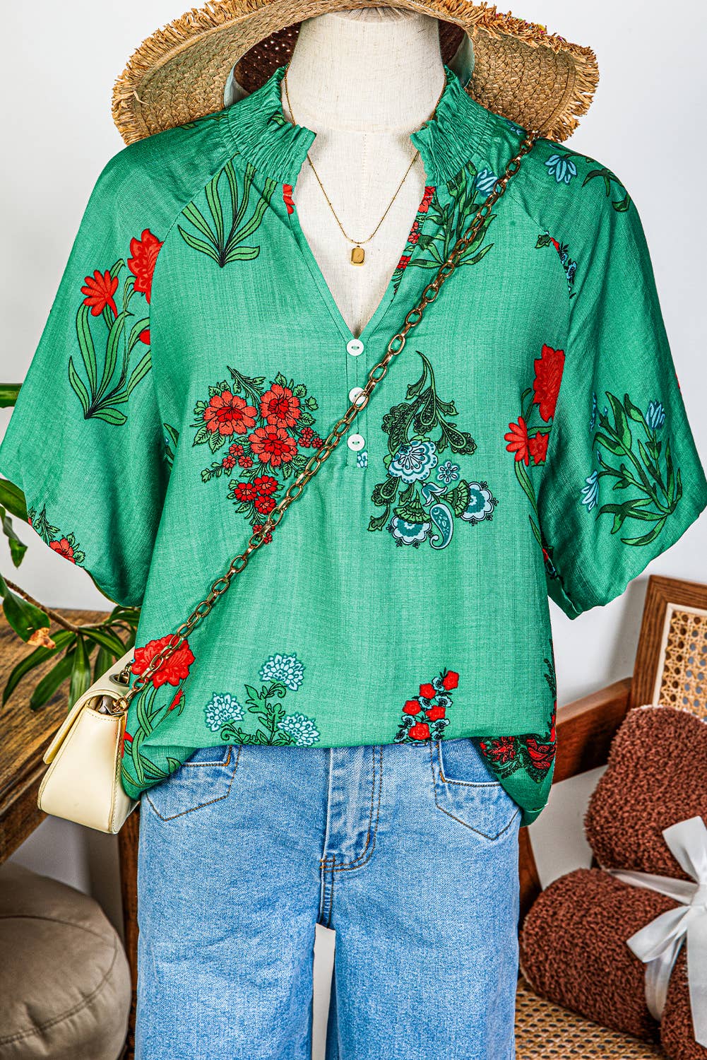 Green Floral Buttoned V Neck Short Sleeve Blouse