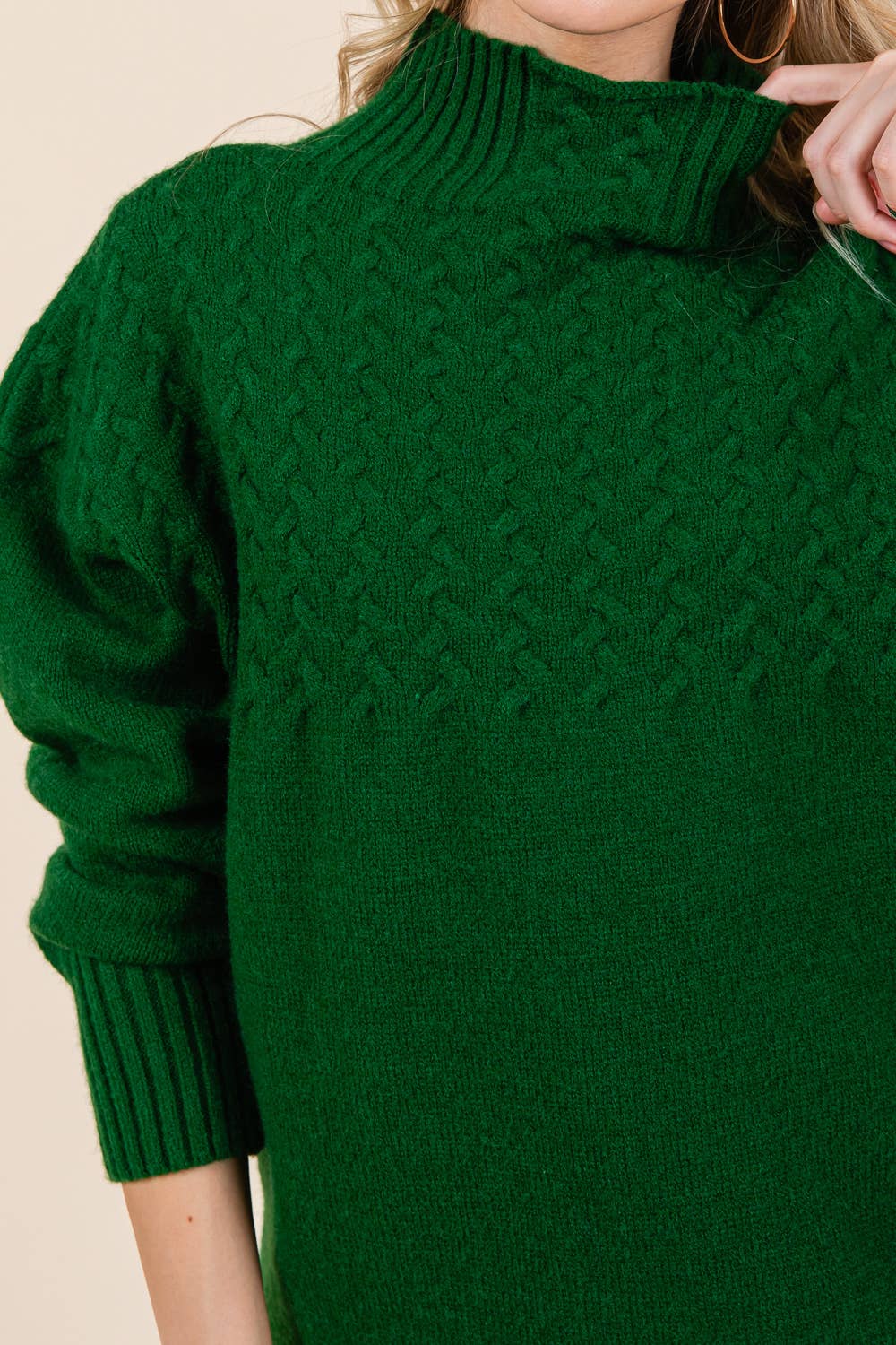 Oversized Hunter Green Cable Knit Sweater with Mock Neck