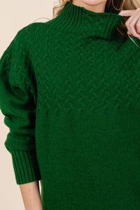 Thumbnail for Oversized Hunter Green Cable Knit Sweater with Mock Neck