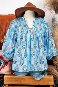 Thumbnail for Floral Stripe Print Shirred Yoke Split Neck Blouse