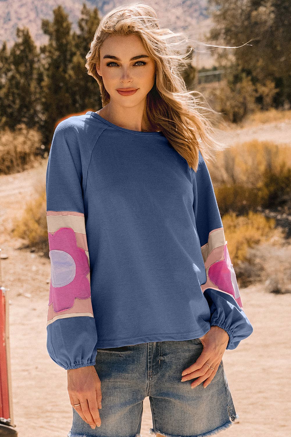 Flower Patchwork Raglan Sleeve Exposed Seam Oversized Top