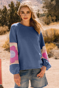Thumbnail for Flower Patchwork Raglan Sleeve Exposed Seam Oversized Top