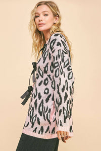 Thumbnail for PLUS LEOPARD RIBBON TIE FRONT LOOSE FIT CARDIGAN