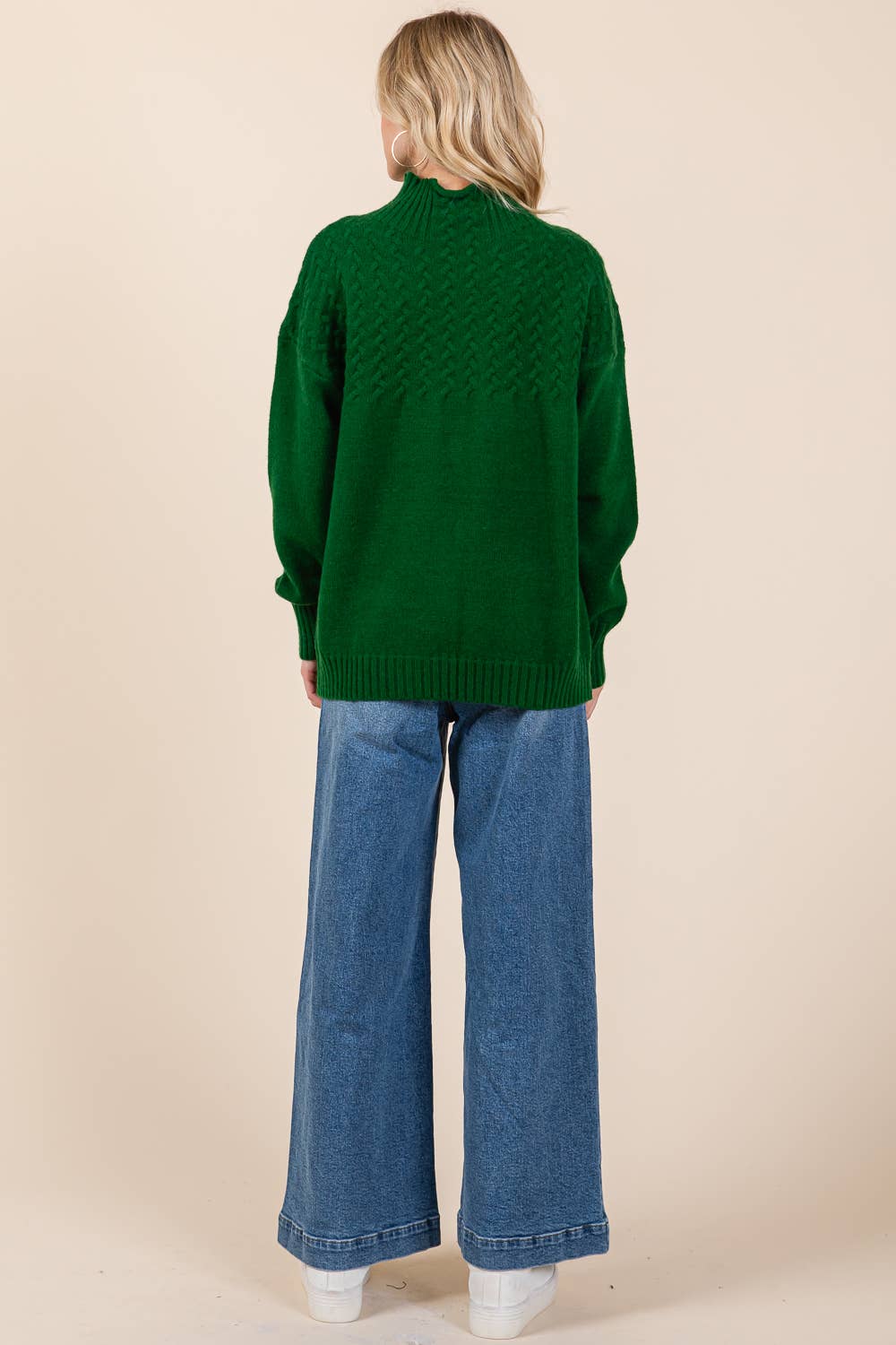 Oversized Hunter Green Cable Knit Sweater with Mock Neck