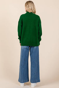 Thumbnail for Oversized Hunter Green Cable Knit Sweater with Mock Neck