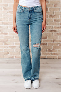 Thumbnail for Judy Blue Mid Rise Distressed Released Hem Bootcut Jeans