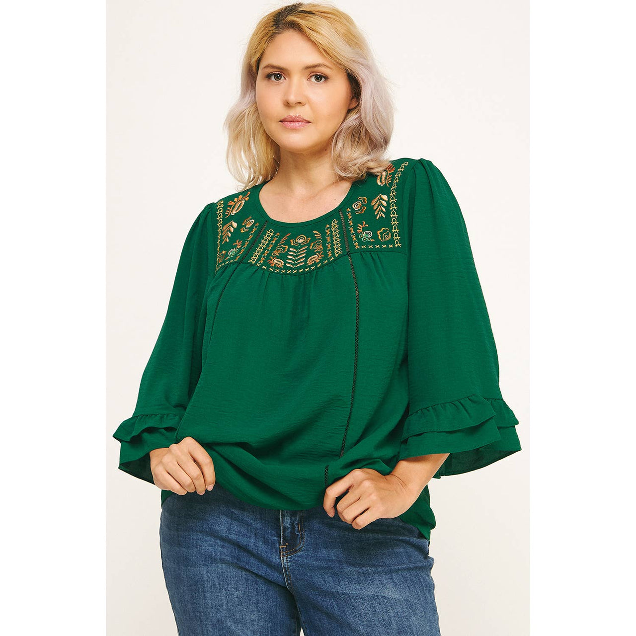 PLUS SIZE EMERALD RUFFLE BLOOM EMBROIDERED BLOUSE
