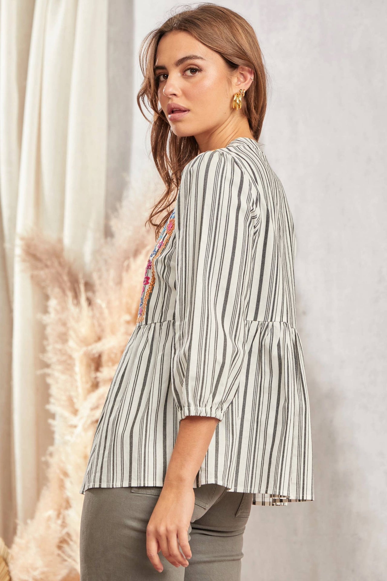 Babydoll Print Top IVORY BLACK