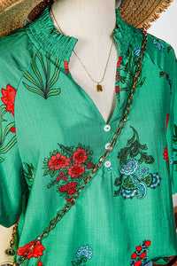 Thumbnail for Green Floral Buttoned V Neck Short Sleeve Blouse