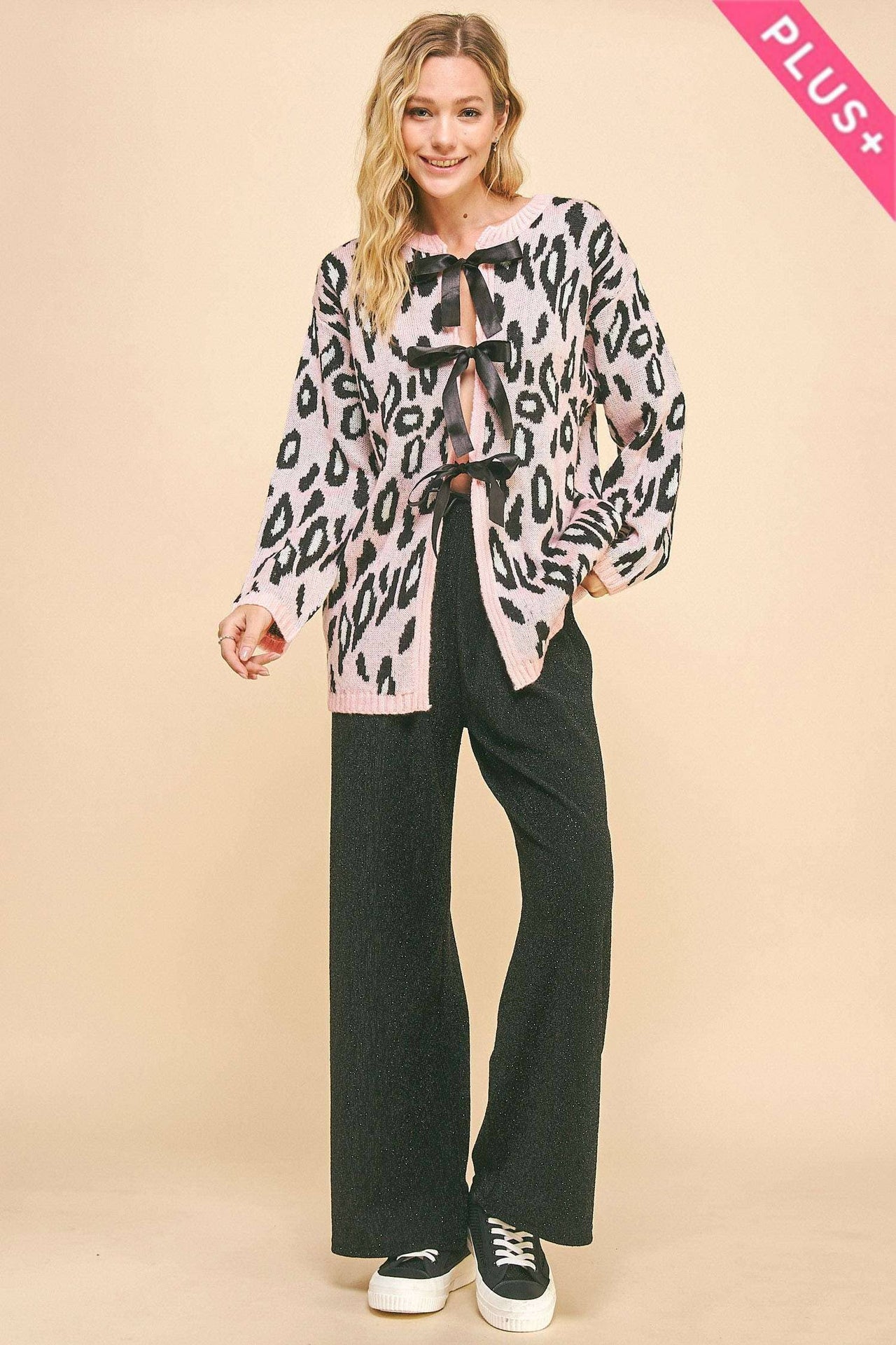 PLUS LEOPARD RIBBON TIE FRONT LOOSE FIT CARDIGAN