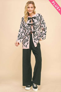 Thumbnail for PLUS LEOPARD RIBBON TIE FRONT LOOSE FIT CARDIGAN