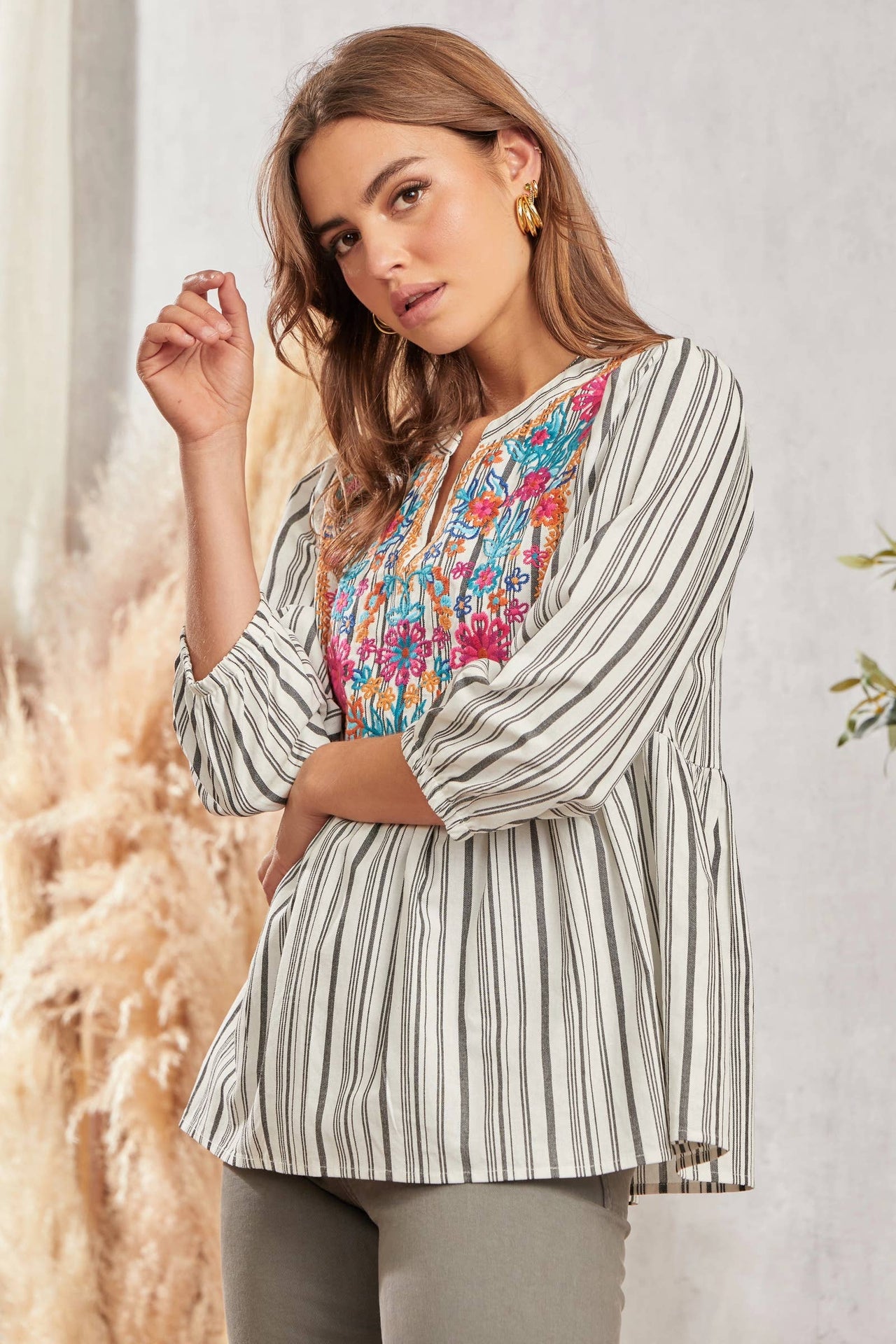 Babydoll Print Top IVORY BLACK
