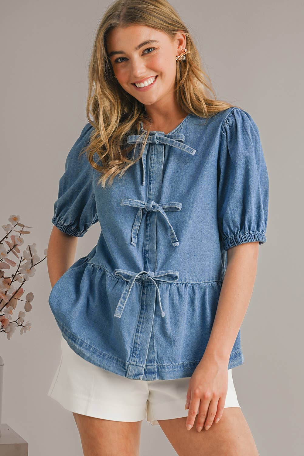 Puff Sleeve Cute Tied Trim Denim Shirt