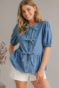 Thumbnail for Puff Sleeve Cute Tied Trim Denim Shirt