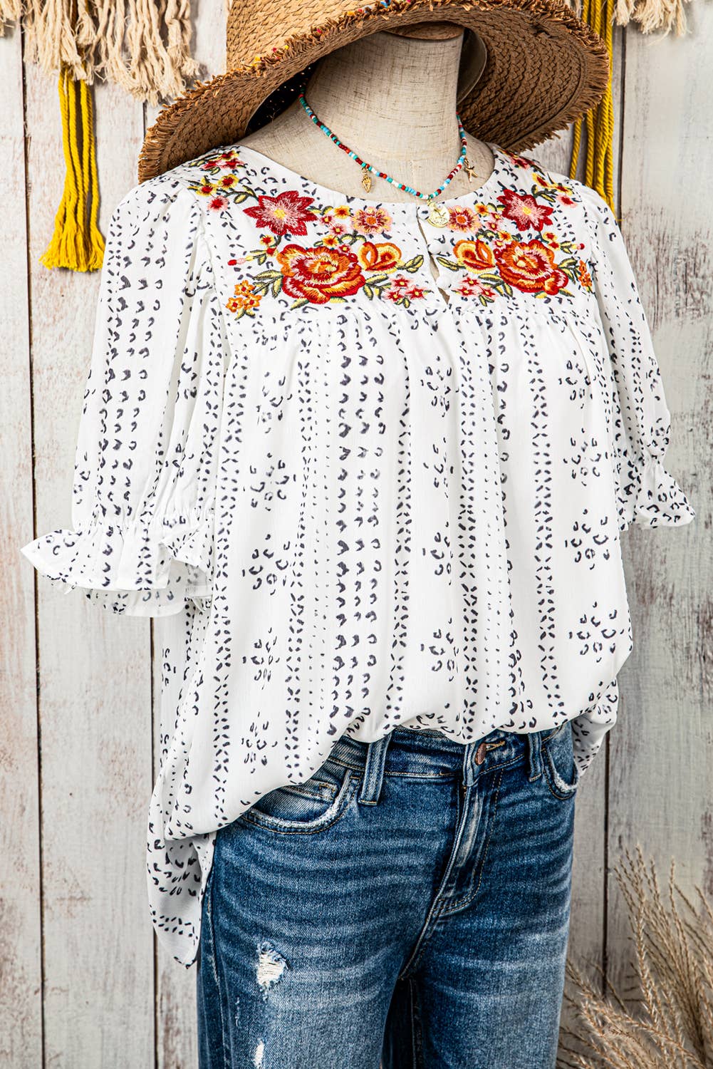Floral Embroidered Printed Crinkle Blouse