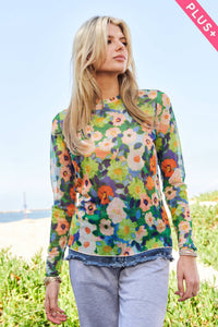 Thumbnail for PLUS FLOWER PRINT MESH ROUND NECK LONG SLEEVE TOP: Green Multi / 1XL