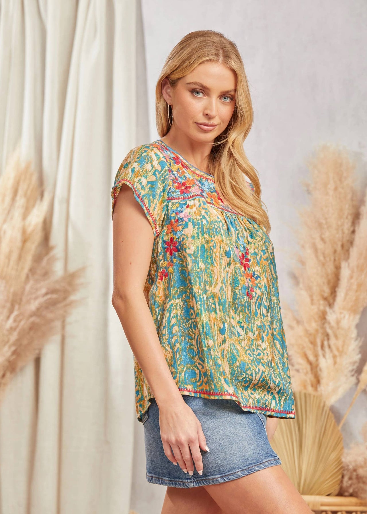 Printed Blouse With Embroidered Neckline: TEAL
