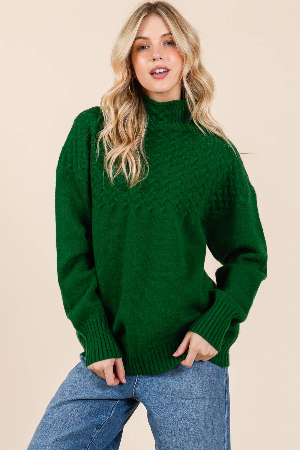 Oversized Hunter Green Cable Knit Sweater with Mock Neck