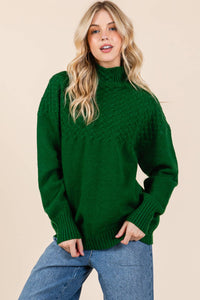 Thumbnail for Oversized Hunter Green Cable Knit Sweater with Mock Neck