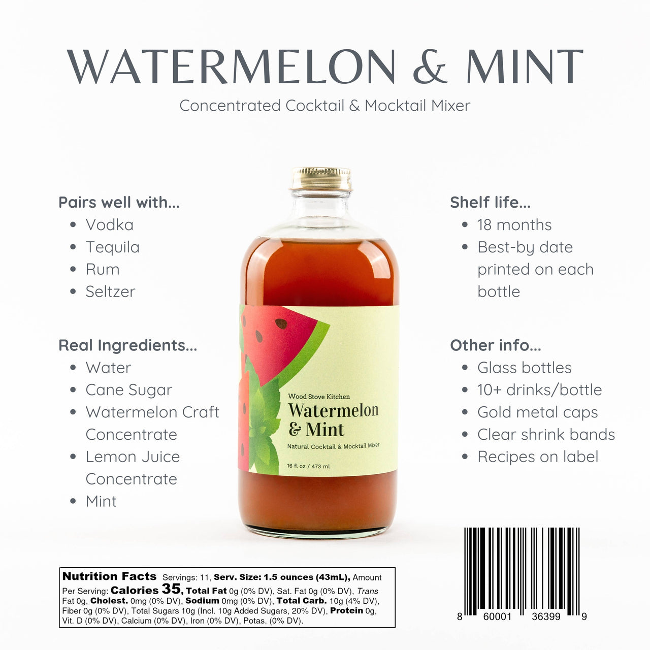 Watermelon & Mint Cocktail Mixer and Mocktail Mixer, 16 fl o