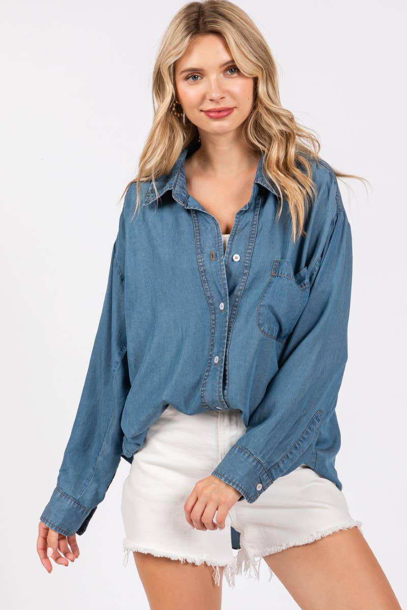 V-NECK LAPEL COLLAR SHIRT- Denim: DENIM