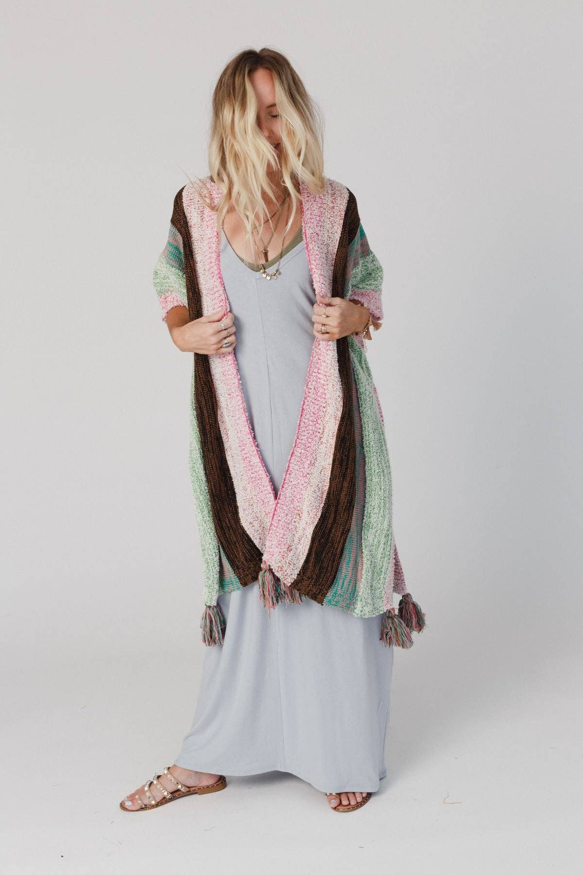 Wandering Soul Striped Tassel Ruana - Mint: OS - Wrap