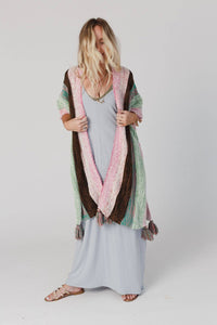 Thumbnail for Wandering Soul Striped Tassel Ruana - Mint: OS - Wrap