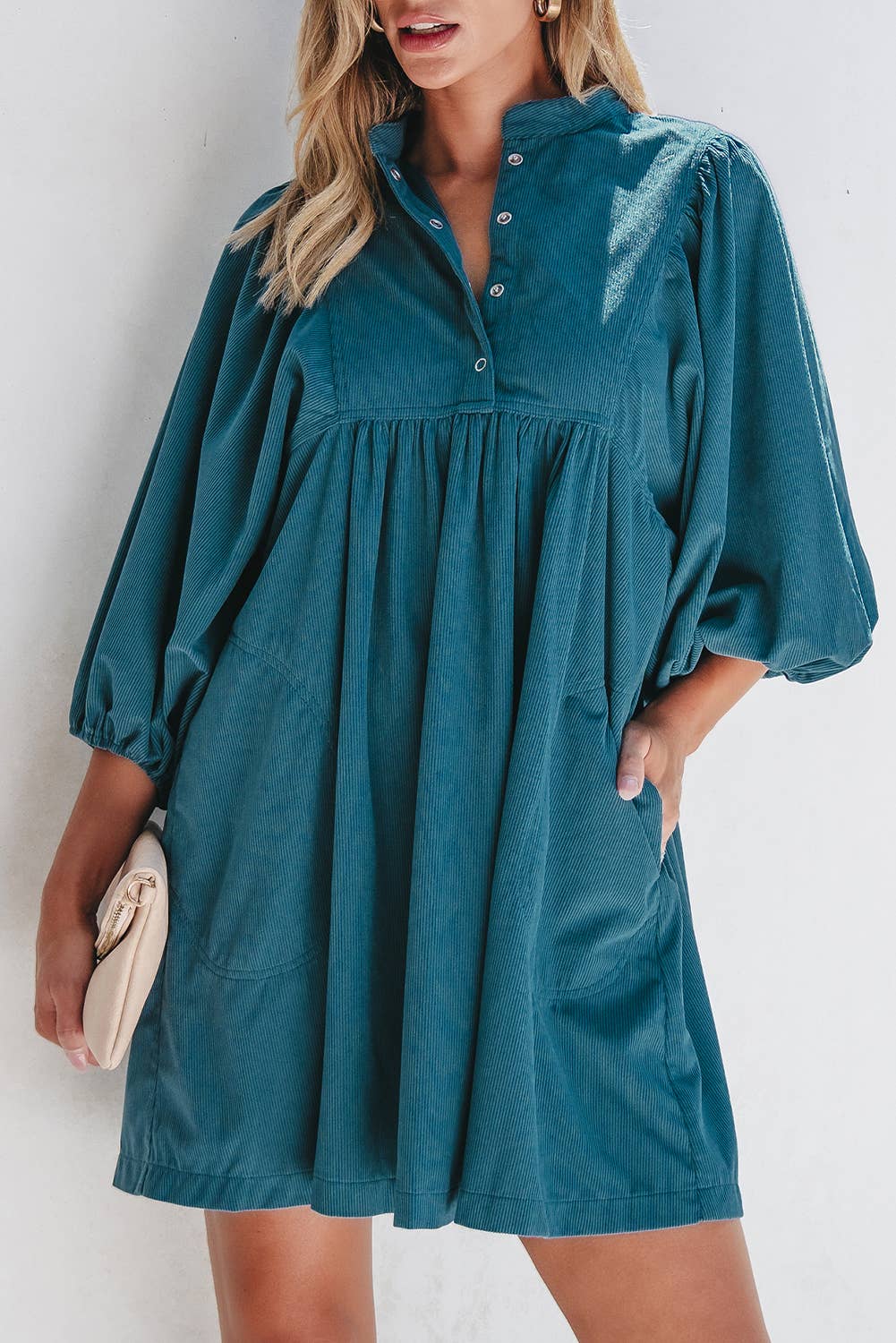 Corduroy Buttoned High Waist Bracelet Sleeve Dress