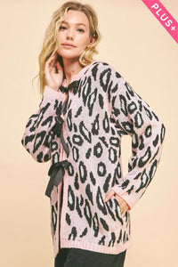 Thumbnail for PLUS LEOPARD RIBBON TIE FRONT LOOSE FIT CARDIGAN