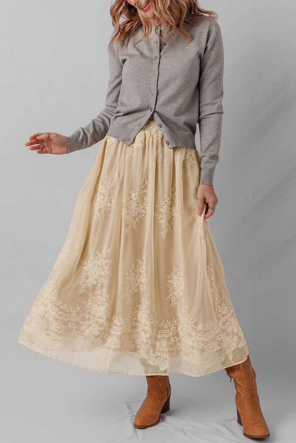 Grace  Embroidered mesh  Maxi Skirt | Layered Lace Detail